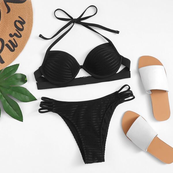 

Underwired Halter Top With Ladder Cut-out Bikini, Black