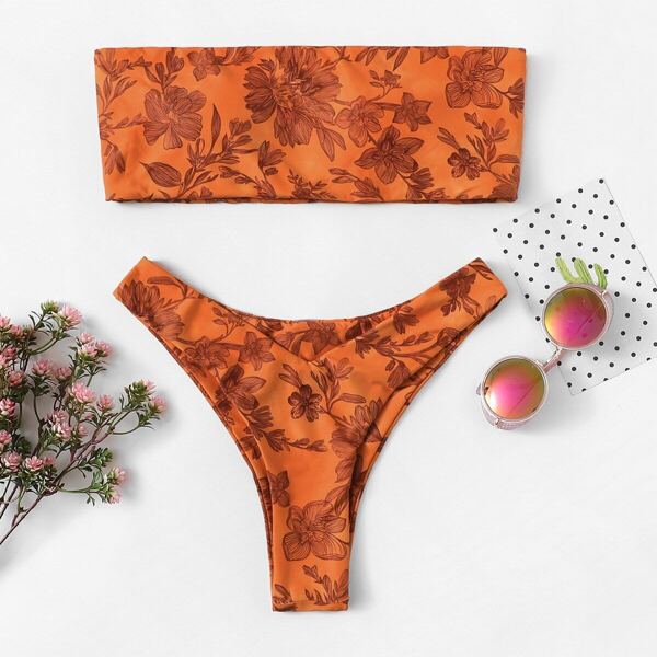

Random Floral Bandeau With High Leg Bikini Set, Orange