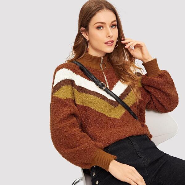 

Color-block Half Placket Jumper, Brown