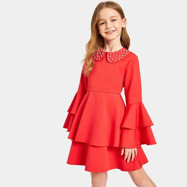 

Girls Pearls Beaded Collar Flounce Sleeve Dress, Red