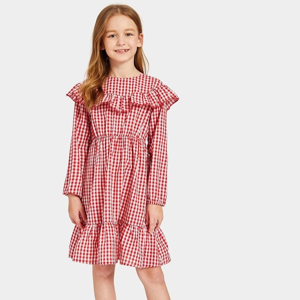 

Girls Ruffle Trim Gingham Dress