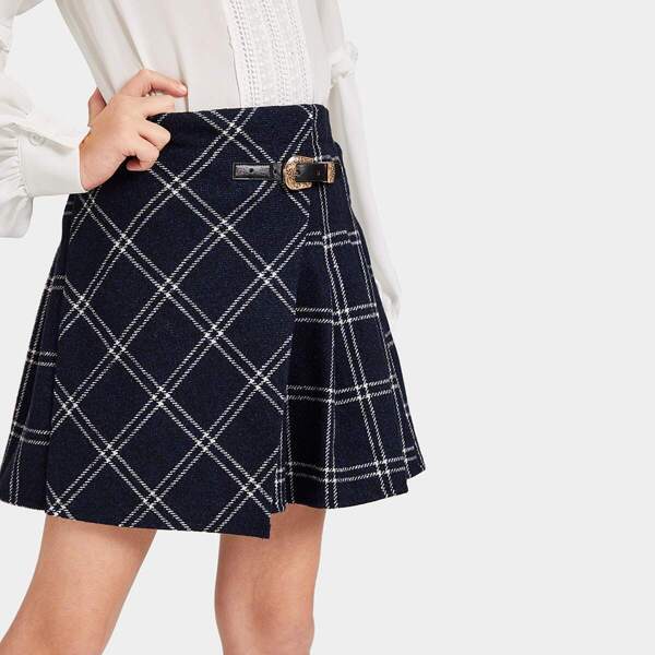 

Girls Buckle Strap Detail Grid Wrap Skirt