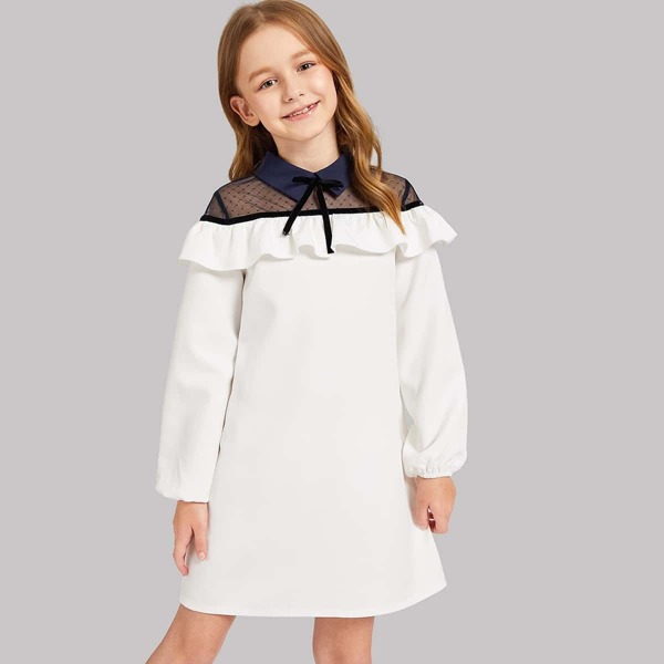 

Girls Mesh Insert Shoulder Ruffle Dress