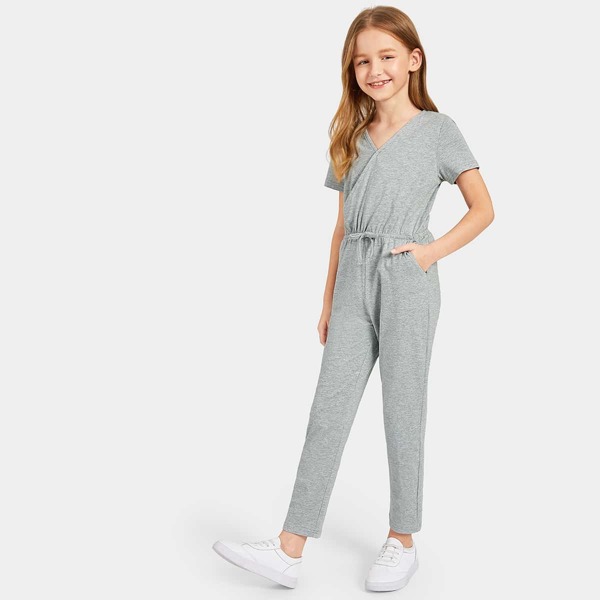 

Girls Waist Drawstring Pocket V-neck Jumpsuit