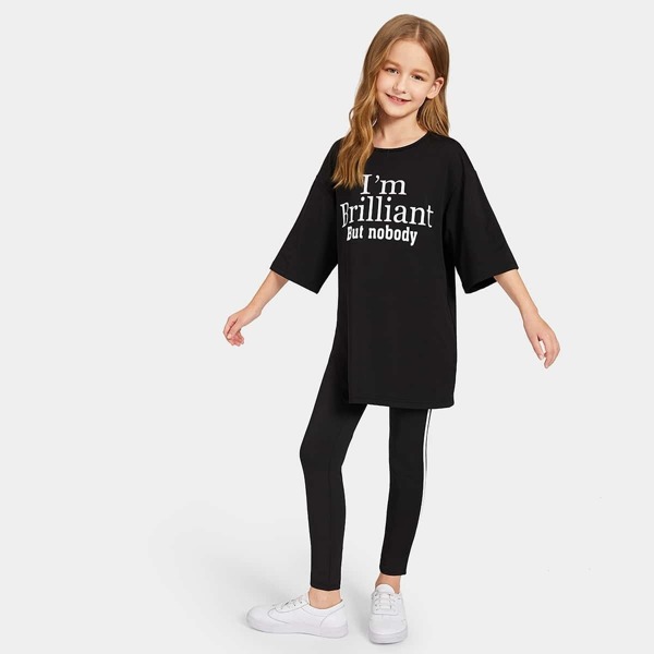

Girls Letter Print Tee & Striped Leggings Set