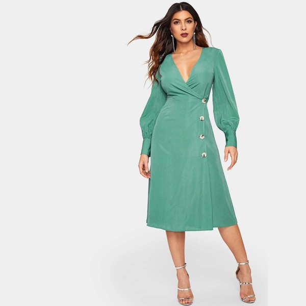 

Button Front V Neck Wrap Dress