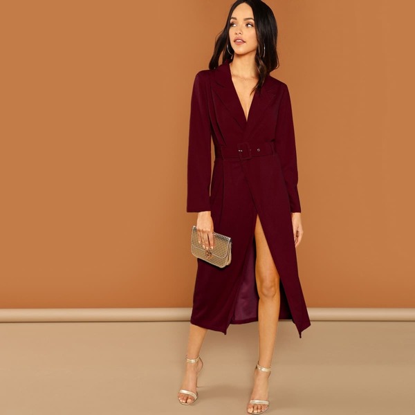 

Peak Collar Trench Dress With Buckle Belt
