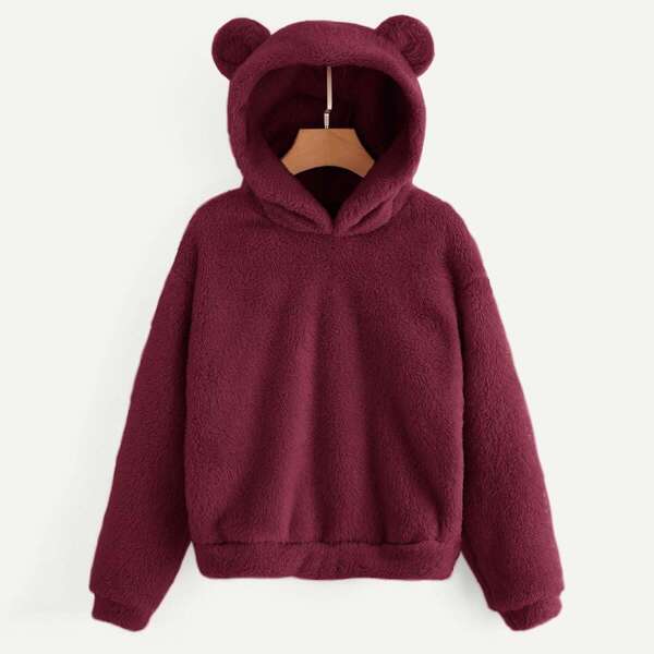 

Solid Teddy Hoodie With Ears