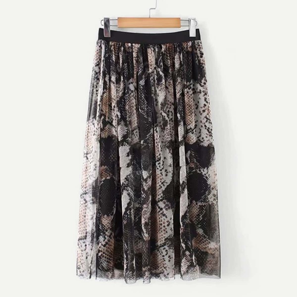 

Snakeskin Print Mesh Overlay Pleated Skirt