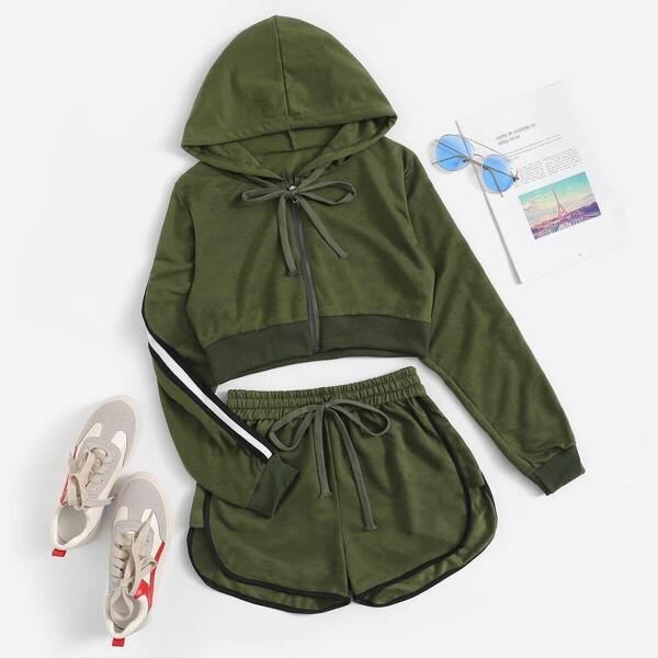 

Contrast Taped Side Hooded Top With Shorts, Army green