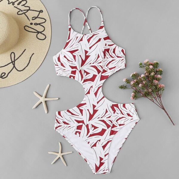 

Random Leaf Print Cut-out One Piece Swimsuit