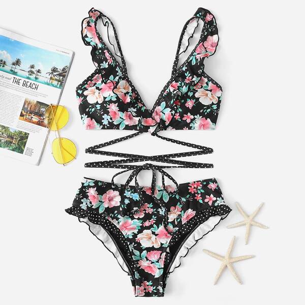 

Random Flower Print Ruffle Trim Bikini Set