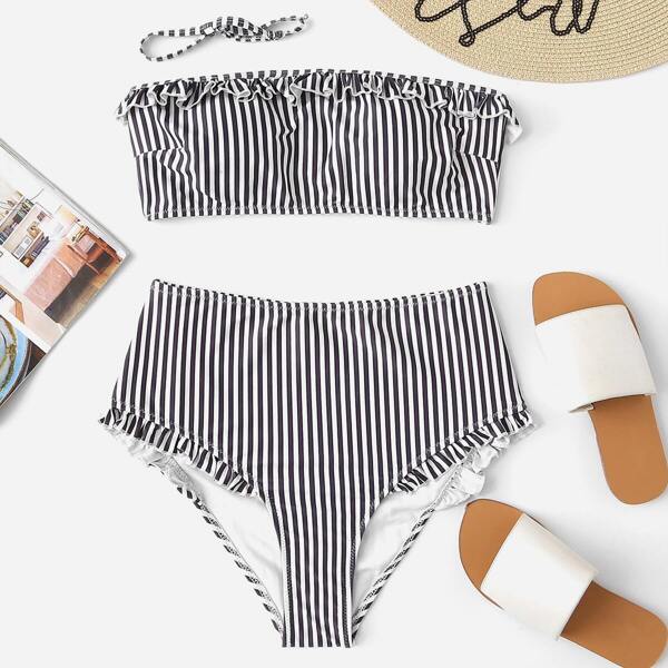 

Striped Frill Decorated Bandeau With High Waisted Bikini, Black and white