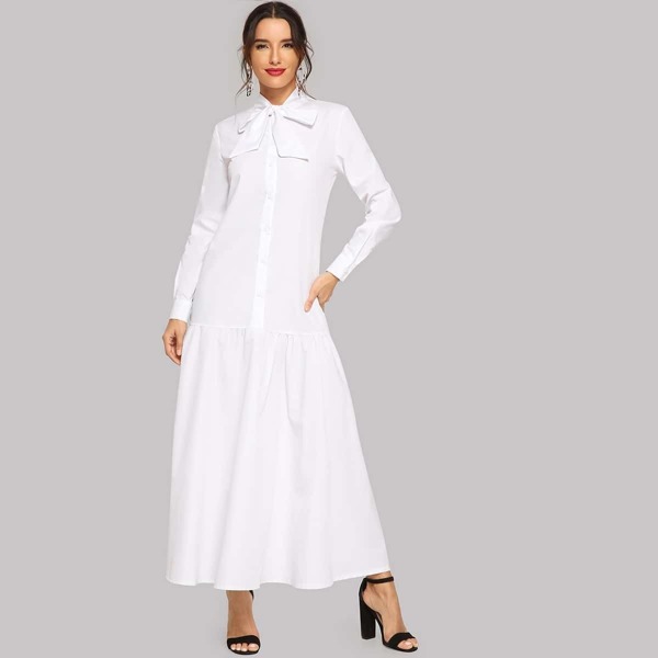 

Tie Neck Button-front Longline Dress
