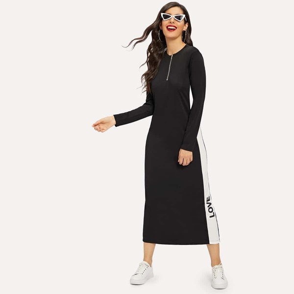 

Zip Half Placket Letter Print Split-back Longline Dress
