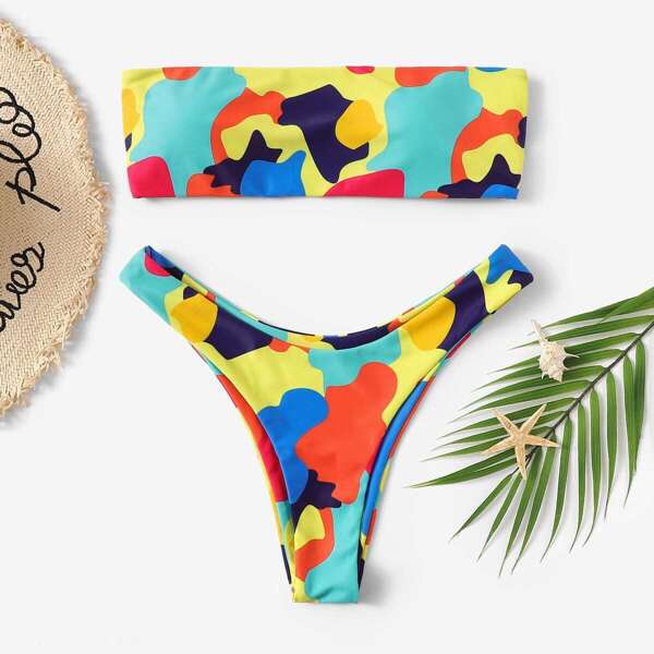 

Random Graphic Print Bandeau With High Leg Bikini