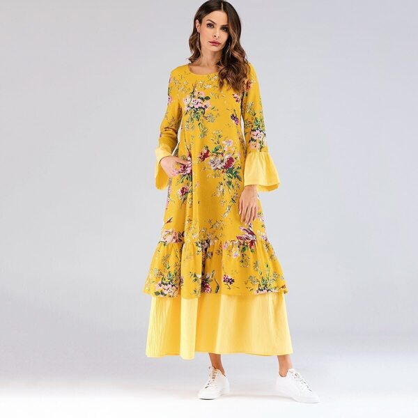 

Floral Print Flounce Sleeve Tiered Layer Longline Dress, Yellow