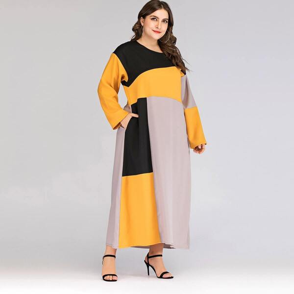

Plus Colorblock Hidden Pocket Patchwork Longline Dress