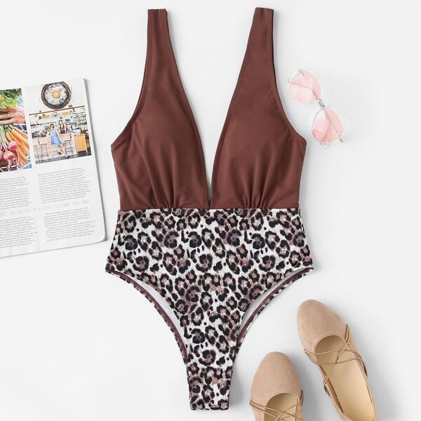 

Leopard Print Ruched Deep Plunge One Piece Swimsuit