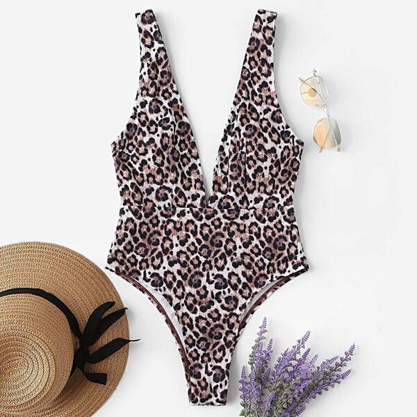 

Leopard Print Deep-V Plunge One Piece Swimsuit