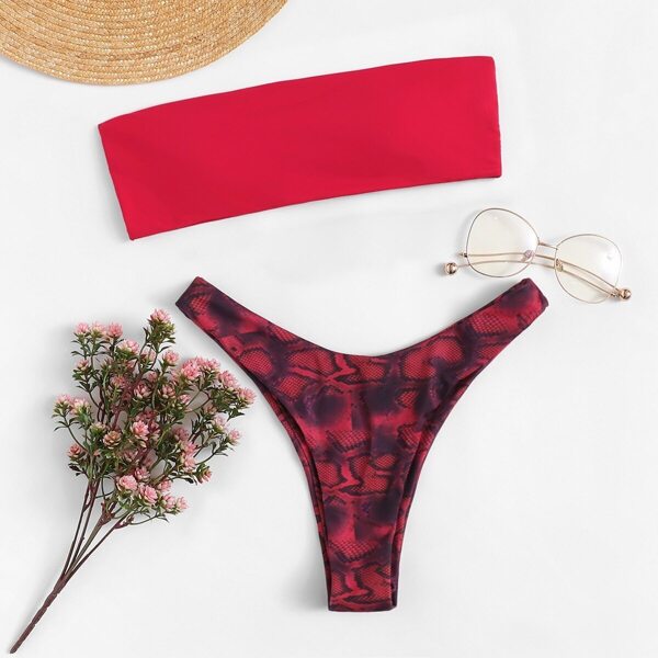 

Bandeau With Snakeskin Print High Cut Bikini Set