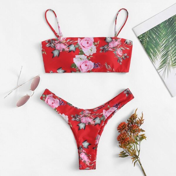 

Random Floral Top With High Leg Bikini Set
