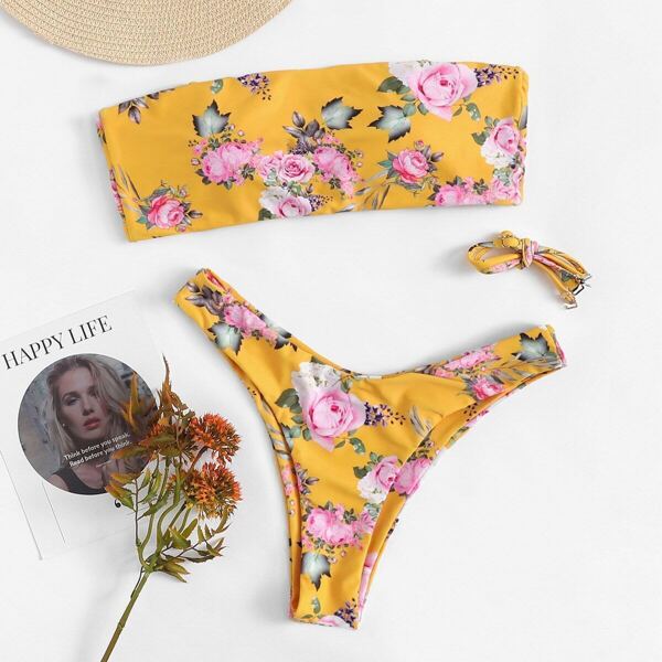 

Random Floral Lace-up Bandeau With High Cut Bikini