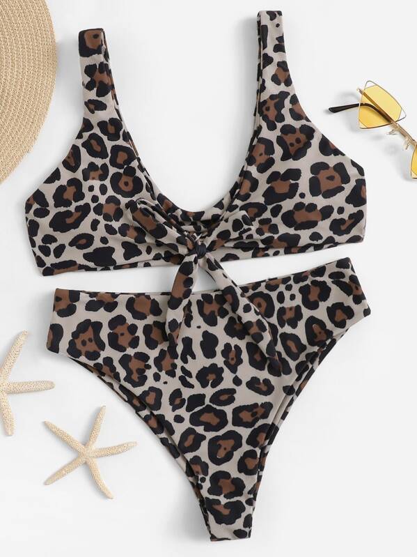 

Leopard Tie Front Top With Panty Bikini, Multicolor