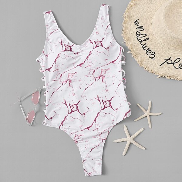 

Random Marble Print Ladder Cut-out One Piece Swim