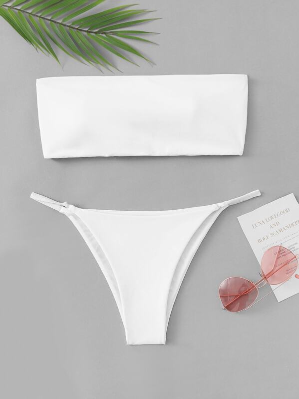 

Plain Bandeau With Knot High Waist Bikini Set, White