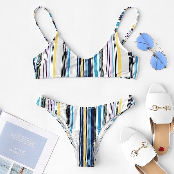 

Striped Cami Top With Cheeky Bikini Set, Multicolor