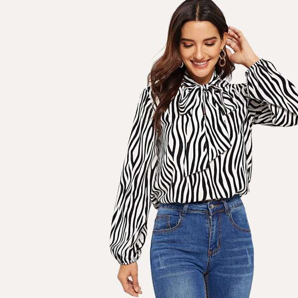 

Tie Neck Zebra Print Top