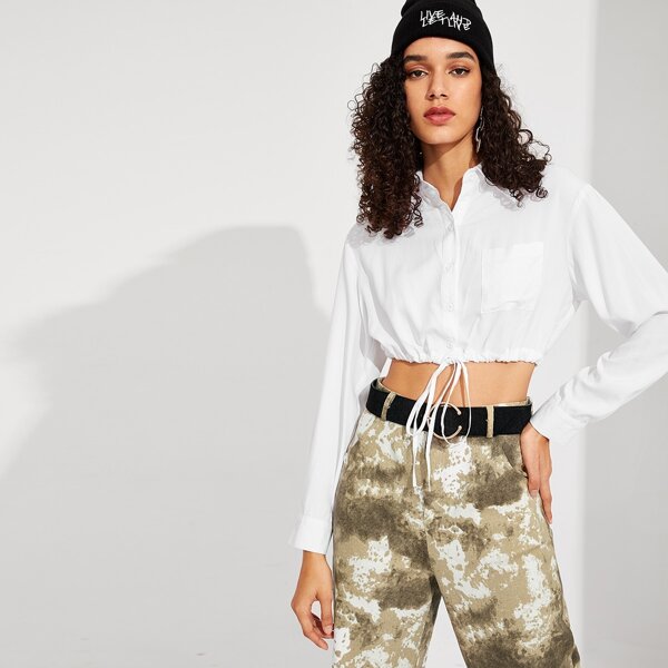 

Drawstring Hem Pocket Front Crop Shirt