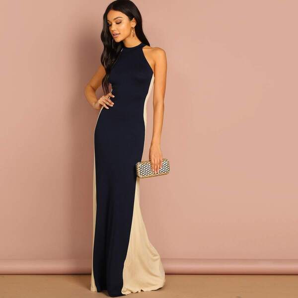 

Two Tone Spliced Halter Prom Dress, Multicolor