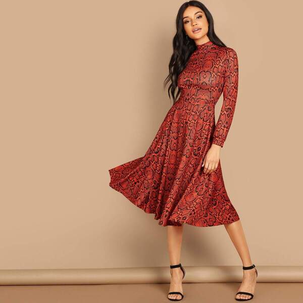 

Mock-Neck Snakeskin Flare Midi Dress