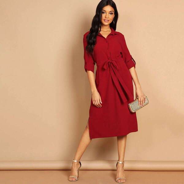 

Roll Tab Sleeve Drawstring Waist Shirt Dress, Burgundy