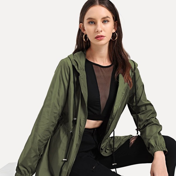 

Drawstring Waist Zip Up Hooded Jacket