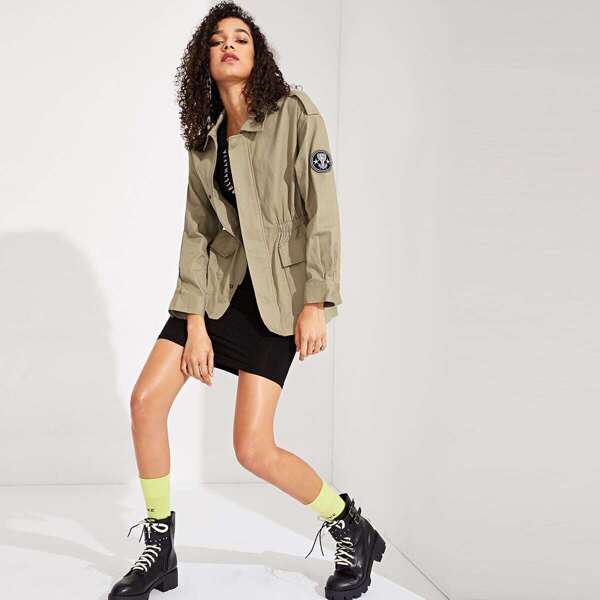 

Graphic Patched Elastic Waist Utility Jacket, Beige