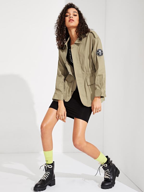 

Graphic Patched Elastic Waist Utility Jacket, Beige, Maiara