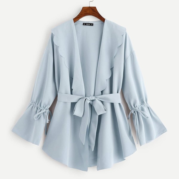 

Scallop Shawl Collar Drawstring Sleeve Coat With Belted, Blue