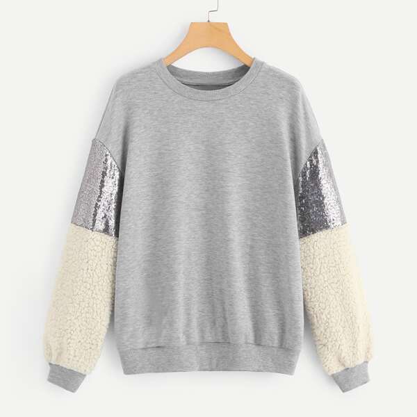 

Drop Shoulder Contrast Sequin Pullover
