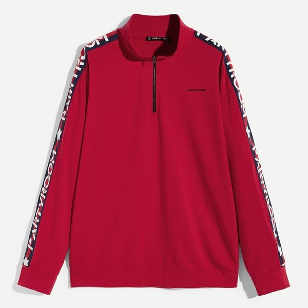 

Men Zip Half Placket Letter Tape Sweatshirt