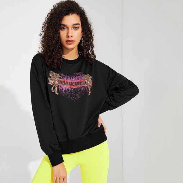 

Letter and Animal Print Pullover, Black