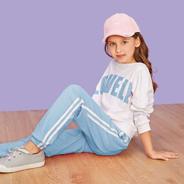 

Girls Letter Print Pullover & Striped Sweatpants Set