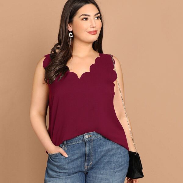 

Plus Scallop V-back Neck Sleeveless Top, Burgundy