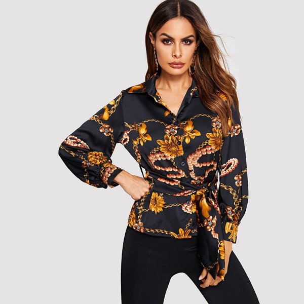 

Mixed Print Self Belted Buttoned Shirt