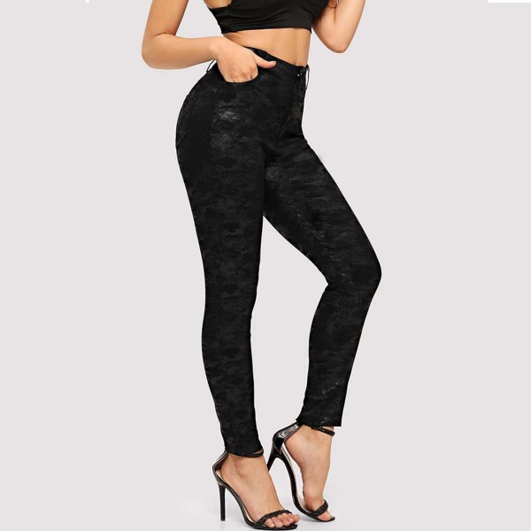 

PU Camo Print Skinny Pants, Black