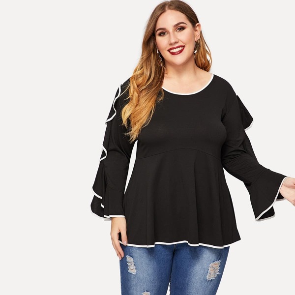 

Plus Contrast Binding Ruffle Detail Top