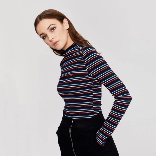 

Mock Neck Ribbed Knit Striped Tee