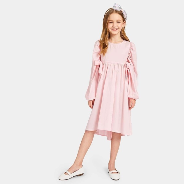 

Girls Lantern Sleeve Dip Hem Knot Dress, Baby pink